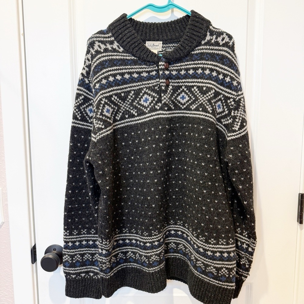 LL Bean Mens Lambswool Birdeye Knit Sweater Large Nordic Fair Isle Heritage